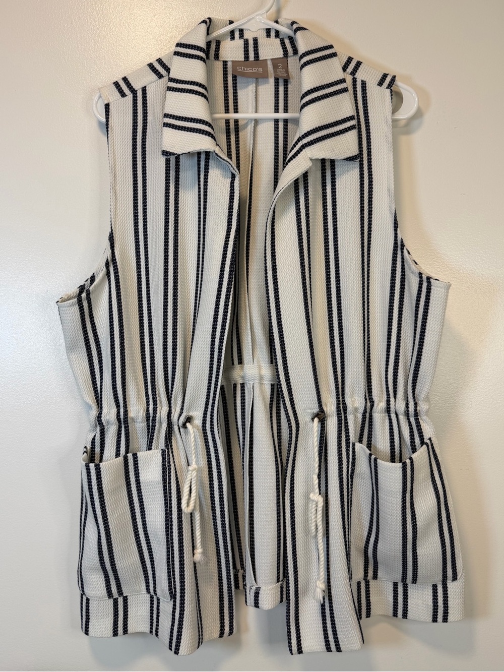 Chico's Navy & White Textured‎ Nautical Open Vest Drawstring Waist Size Medium